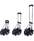 Extendable Car Seat Travel Cart For Airports With Folding Stowable Base Plate And Smooth Wheels in folded and open positions