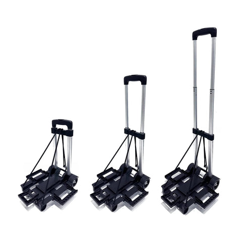 Extendable Car Seat Travel Cart For Airports With Folding Stowable Base Plate And Smooth Wheels in folded and open positions