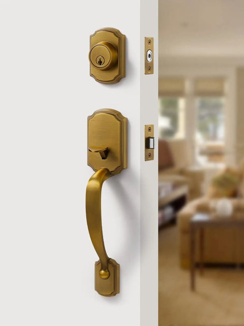 Antique Brass Front Door Handle And Deadbolt Set With Reversible Lever Handleset Dope Security Lock And Key Single Cylinder
