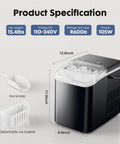 Zero Drama Rapid Freeze Bullet Ice Maker With Six Minute Quick Chill Cycle Twenty Five Pound Daily Yield Portable Countertop Machine dimensions with ice scoop and basket.