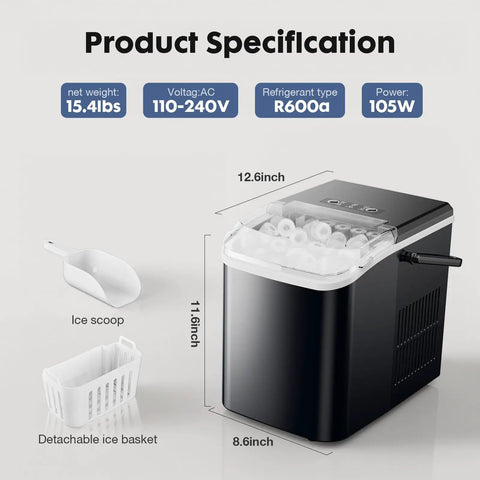 Zero Drama Rapid Freeze Bullet Ice Maker With Six Minute Quick Chill Cycle Twenty Five Pound Daily Yield Portable Countertop Machine dimensions with ice scoop and basket.
