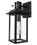 Black motion sensor outdoor wall light with dusk to dawn sensor, PIR activated waterproof porch light fixture, E26 socket view.