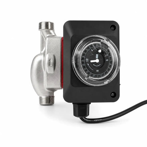Upgraded Hot Water Recirculating Pump Kit Fits 595916 And 0955805 Models with a mechanical timer and silver body.