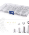 440 Piece M3 M4 M5 Hex Socket Button Head Bolts Screws Nuts Kit With Box Stainless Steel Heavy Duty Fasteners For Industrial And Construction Projects All In One Assorted Hardware Set, clear storage box
