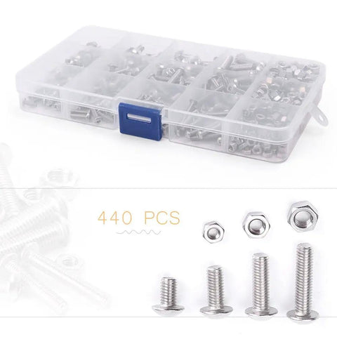 440 Piece M3 M4 M5 Hex Socket Button Head Bolts Screws Nuts Kit With Box Stainless Steel Heavy Duty Fasteners For Industrial And Construction Projects All In One Assorted Hardware Set, clear storage box