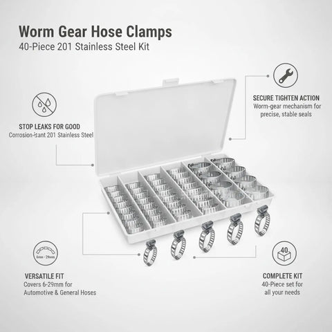 Heavy Duty 40-Piece Worm Gear Hose Clamp Kit With 201 Stainless Steel For Auto Repairs And Utility Projects Fits 6 To 29mm Radiator Lines Garden Pipes And Rigid Fittings In A Snap open case