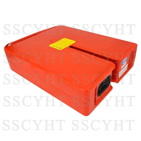Upgrade Your PTE20N Electric Pallet Jack With This Rock Solid 48V 20AH LiFePO4 Lithium Battery Pack Featuring Compact 378X280X75mm Design shown from top view with six pin charging port.