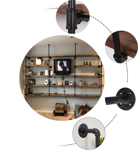 Industrial Pipe Shelf Kit With Wall Mount Brackets And Five Tier Open Shelves In Black Matte 68 Inches Tall 10 Inch Deep Hardware Only No Wood Planks DIY Vintage Industrial Storage For Office Kitchen And Living Space showcasing black matte finish brackets detail and overall wall shelf setup.