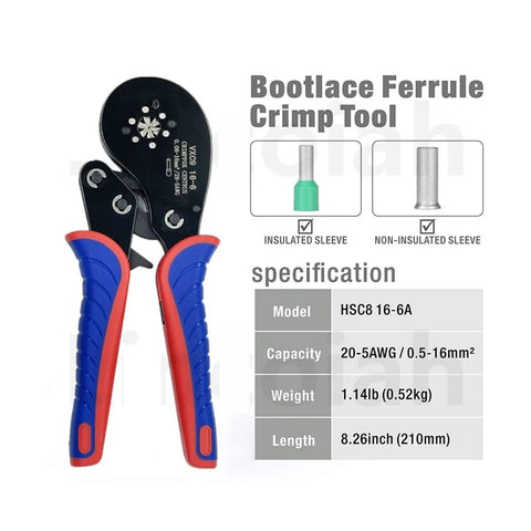 Super Versatile Wire Ferrule Crimping Tool Kit With Ergonomic Pliers And Hexagonal Dies For 0.08-16mm² Cables, Perfect Pro Gear For Electricians, blue red handle