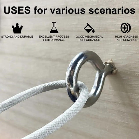 8-Pack 304 Stainless Steel Eye Screws, 2.5 Inch M6 Heavy Duty Eye Hooks Tough As Nails For Hanging Cable Wires On Wood, Quick Install Indoors Or Outdoors on wooden surface with rope.