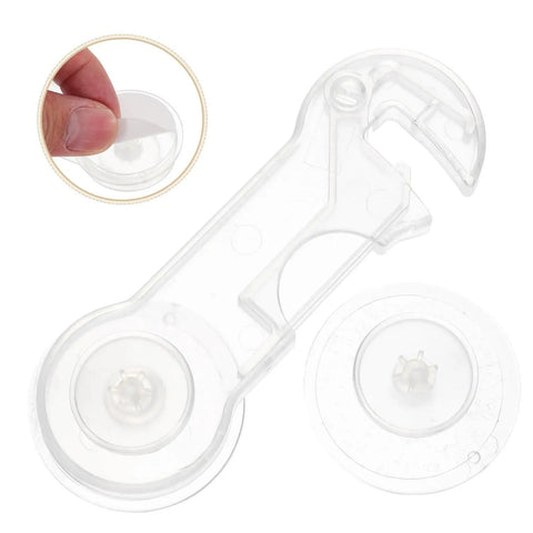 Kid Proof Cabinet And Drawer Locks 10 Pack ABS Latches with adhesive installation shown in transparent design close-up