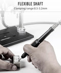 Portable Benchtop Drill Press With Rotating Flexible Shaft For DIY Wood Metal Plastic Projects Plus Drill Bit Clamp And B10 Chuck A Handy All In One Tool For Drilling Polishing Grinding And Light Milling At Home with hand using flexible shaft for precise work.
