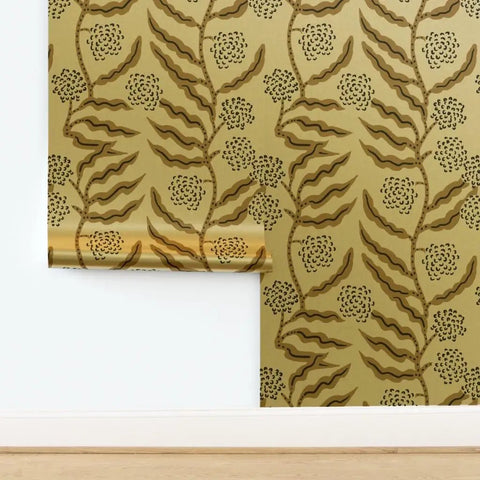 Next Level Floral Stripe Wallpaper With Glitzy Khaki Gold Metallic Details And Textured Fibrous Finish Great For Fresh Room Refreshes Paste The Wall Application Eco Friendly Us Made Pvc Free, showcasing the gold floral pattern.