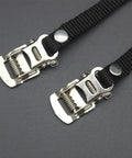 Universal Bicycle Pedal Straps One Pair Replacement Foot Straps For Bikes Or Exercise Bike Spin Class Sixteen Inch Length Durable Nylon Wear Resistant showing adjustable steel buckles.