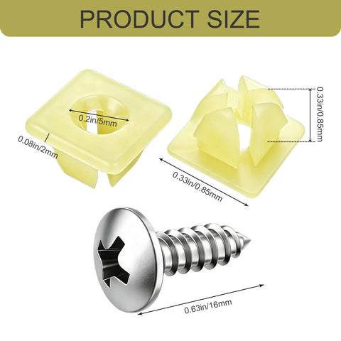 Top Shelf Heavy Duty License Plate Fastener Kit Featuring 20 Pcs Rust Resistant Stainless Steel Screws And No Sweat Nylon Screw Inserts Universal Car Truck Mount sizes for screw and nylon inserts.