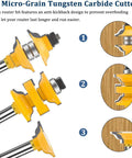 Image of Three Piece 1/2 Inch Shank Router Bit Set For Classical Extended Tenon And Pro-Grade Heavy Duty Door Rail Stile Milling Kit For Doors, Cabinets, Shelves, And Frames CNC Ready, showing C3 tungsten carbide cutters with anti-kickback design in three configurations.