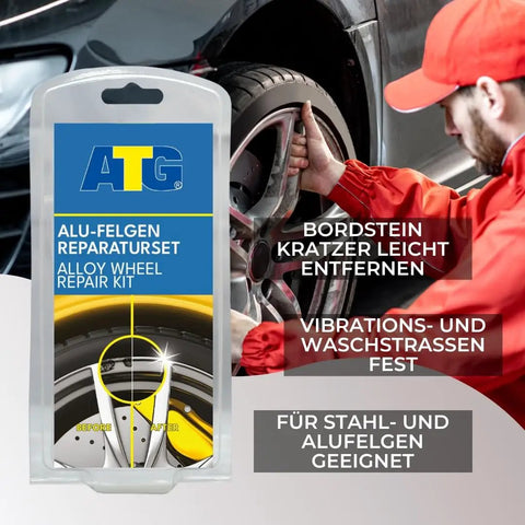 DIY Alloy Wheel Repair Kit For Curb Rash And Rim Scratch Fix With Silver Touch Up Paint displayed with a car wheel.