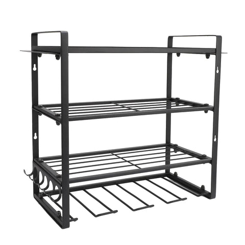 Badass Heavy Duty Wall Mounted Power Tool Organizer Rock Solid Drill Holder with multiple metal hooks and shelves.