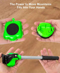Heavy Duty Furniture Lifter Lever And Roller Wheels Sliders Kit with green parts shown in hands for easy moving of sofas and appliances.