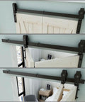Heavy Duty Bi Folding Sliding Barn Door Hardware Kit For Two Doors No Fuss Install Smooth Quiet Glide 3 Ft Track Matte Black Carbon Steel Rust And Corrosion Resistant Durable Built To Last Barn Door System showing installation sequence and details of the matte black hinge and track on wooden doors.