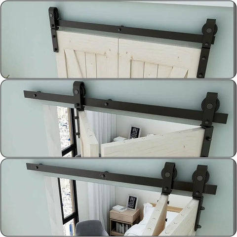 Heavy Duty Bi Folding Sliding Barn Door Hardware Kit For Two Doors No Fuss Install Smooth Quiet Glide 3 Ft Track Matte Black Carbon Steel Rust And Corrosion Resistant Durable Built To Last Barn Door System showing installation sequence and details of the matte black hinge and track on wooden doors.