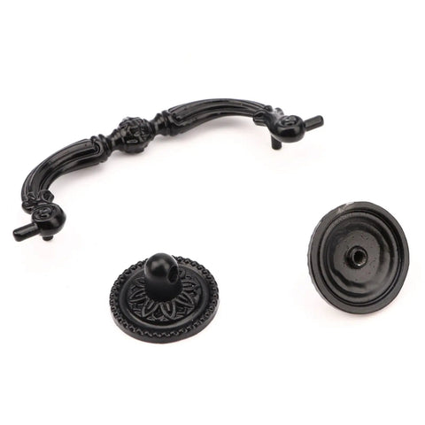 Four Pack Retro Drop Bail Drawer Pulls With Screws Black Finish Large Size L Rustic Swing Handles shown dismantled view