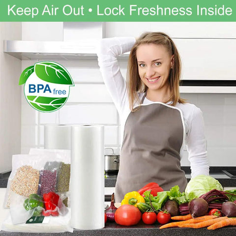 Woman in kitchen with vegetables and Three Pack 11x20 Vacuum Sealer Rolls BPA Free For Clamp Style Machines, Sous Vide Ready