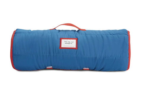 Team Spirit Nap Mat Set With Built In Pillow And Plush Blanket All In One Portable Nap Gear rolled with handle visible.