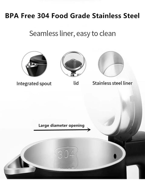 Compact 0.8L Electric Kettle Stainless Steel 800W Fast Boil Auto Shut Off Portable Water Boiler interior view with lid open