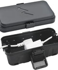 Open Weatherproof Outdoor Electrical Box IP54 No-Fuss Tough Box With Dual Cable Ports, Black, showing cable connection inside.
