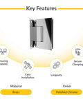 Wall Mount Full Back Plate Brass Hinge With 5 Degree Preset Polished Chrome For Glass Panels shown in key features view