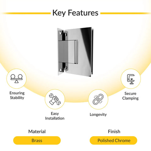 Wall Mount Full Back Plate Brass Hinge With 5 Degree Preset Polished Chrome For Glass Panels shown in key features view