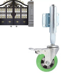 Heavy Duty Spring Loaded Gate Caster Wheel Retractable Shock Absorbing Swivel Roller For Garden Fences And Wood Gates Stops Sag Cold Delivers A Smooth Ride Handles Two Hundred Twenty Lb Loads Four Inch Tire showcased with a decorative gate.