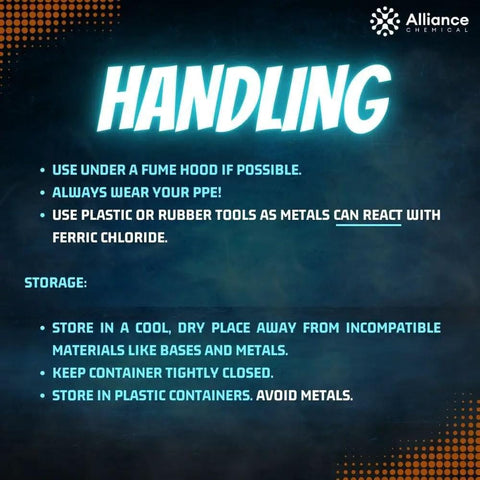 Handling instructions for Ferric Chloride Forty Percent Etchant For Copper And Circuit Boards, Industrial Grade Liquid Etchant.