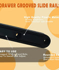 Image of Four Pack Side Mounted Drawer Slides In Sleek Black Plastic Featuring Smooth Gliding Guide Rails With Included Mounting Hardware For Bedrooms And Cabinets Built Tough For Effortless No Sweat Assembly And Long Term Use, showing grooved design and holes for installation.
