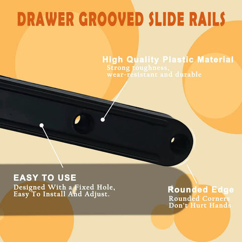 Image of Four Pack Side Mounted Drawer Slides In Sleek Black Plastic Featuring Smooth Gliding Guide Rails With Included Mounting Hardware For Bedrooms And Cabinets Built Tough For Effortless No Sweat Assembly And Long Term Use, showing grooved design and holes for installation.