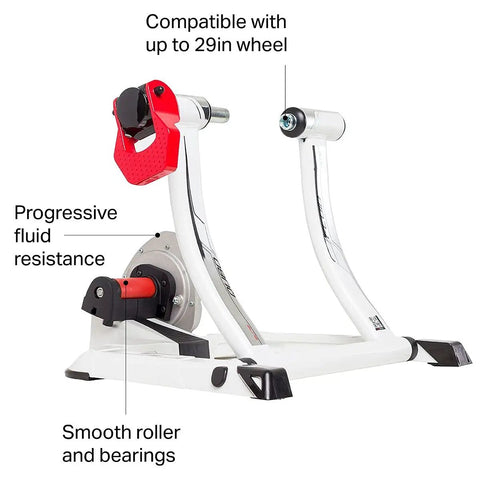 Fluid Resistance Bike Trainer with Quiet Indoor Ride, showing immersed flywheel and smooth bearings, compatible with 29in wheels.