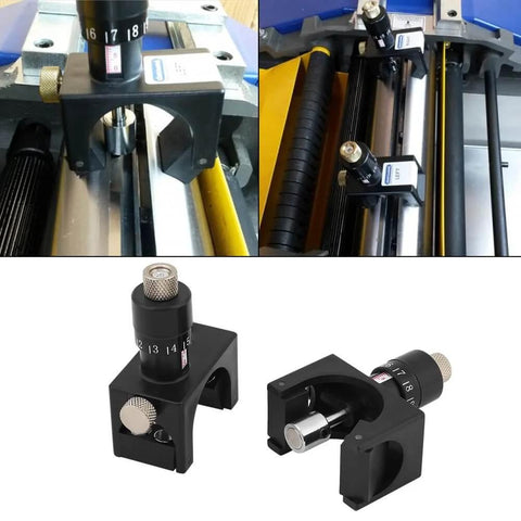 Magnetic Planer Blade Setter Jig 2 Pack With Micro-Adjustable Magnets installed on planer blades, close-up view of gauges.