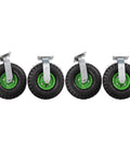 10 Inch Pneumatic Caster Set Of 4 With 661 Lb Capacity showcasing four heavy-duty wheels with green rims and galvanized mounts.