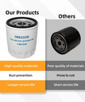 Comparison of fuel water separator filters, highlighting product quality differences in rust prevention and lifespan, with "3862228" model.