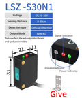 Square Laser Photoelectric Sensor With Diffuse Reflection Visible Spot 0 To 30 Cm Sensing Range NPN PNP 10 To 30 V DC 3 Wire NO Output Customizable Output IP65 Rugged Infrared Beam Switch For Industrial Automation And Precise Positioning, front view with details of voltage and sensors.