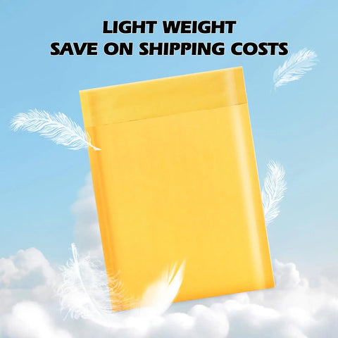 Yellow Kraft Bubble Mailers 3.5x5 Inch Inner, 3.5x6.7 Inch Outer Self Sealing Padded Envelopes displayed against sky