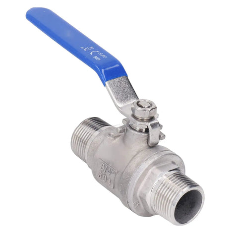 Built Like A Tank 304 Stainless Steel Ball Valve 3/4 Inch Npt Male Thread Featuring Heavy Duty Kickass Seals And A Rock Solid 1000 Wog Rating For Daily Plumbing Jobs with blue lever.