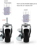 Image shows Built Bangin 2 Inch Casters Set Of 4 For Wire Shelving And Rolling Carts 360 Swivel Wheels with threaded adapters.