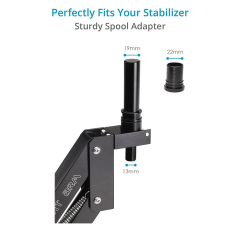 Comfort Arm And Vest Rig for handheld camera stabilizers spool adapter detail with measurements 13mm to 22mm
