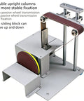 Portable Mini Belt Polisher And 4 In 1 Bench Grinder For Cutting Grinding Polishing And Drilling With Adjustable Angle Ruler 51 Premium Grinding Heads Speed 5000 To 10000 RPM showing adjustable sanding mechanism with sliding block for detailed precision.