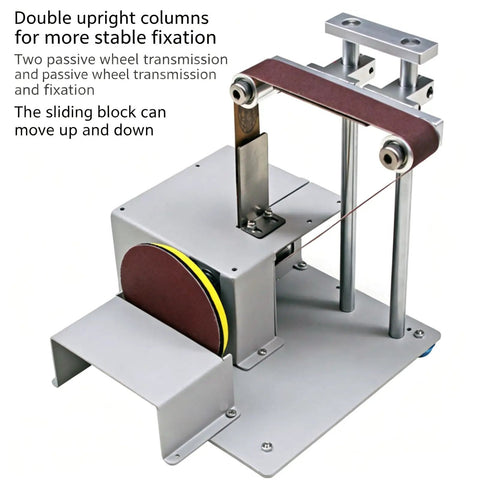 Portable Mini Belt Polisher And 4 In 1 Bench Grinder For Cutting Grinding Polishing And Drilling With Adjustable Angle Ruler 51 Premium Grinding Heads Speed 5000 To 10000 RPM showing adjustable sanding mechanism with sliding block for detailed precision.