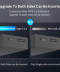 Comparison image of Rock Solid 2.5 Inch Dual Bay Hard Drive Enclosure USB 3.0 showing Type-C 3.0 vs Mini USB 3.0 connection options.