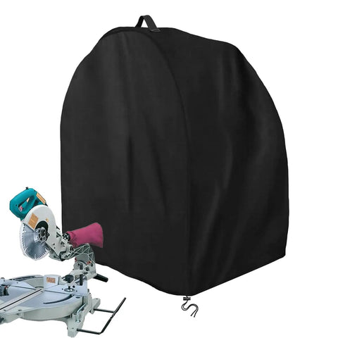Heavy Duty Miter Saw Cover Waterproof Dust Shield Top Shelf Shop Bag with drawstring locks, snug fit around miter saw.