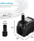 160GPH Whisper Quiet Submersible Fountain Pump With 3.3 Ft Tubing dimensions and parts